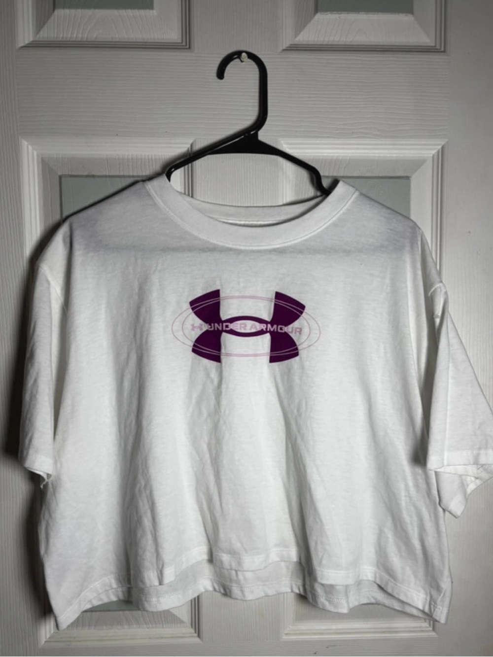 Under Armour White Cropped Tee with Purple Logo